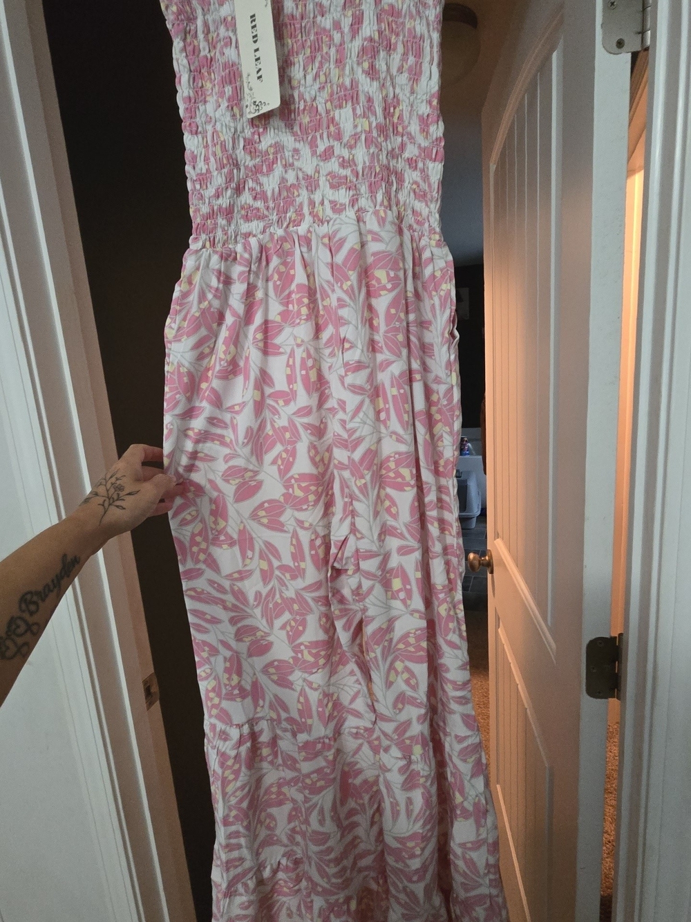 Pink and White Leaf Print Romper